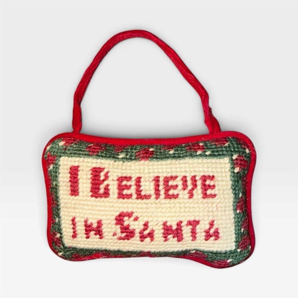 Vintage Christmas Needlepoint Door Hanger Pillow I Believe In Santa Holiday